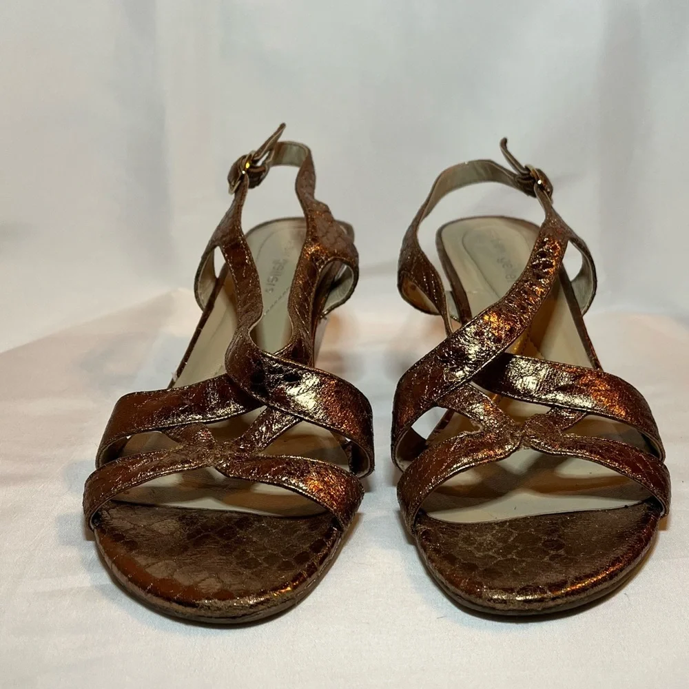 Andrew Geller Elden Metallic Bronze Wedges size 8.5 Snakeskin Print Sandals
